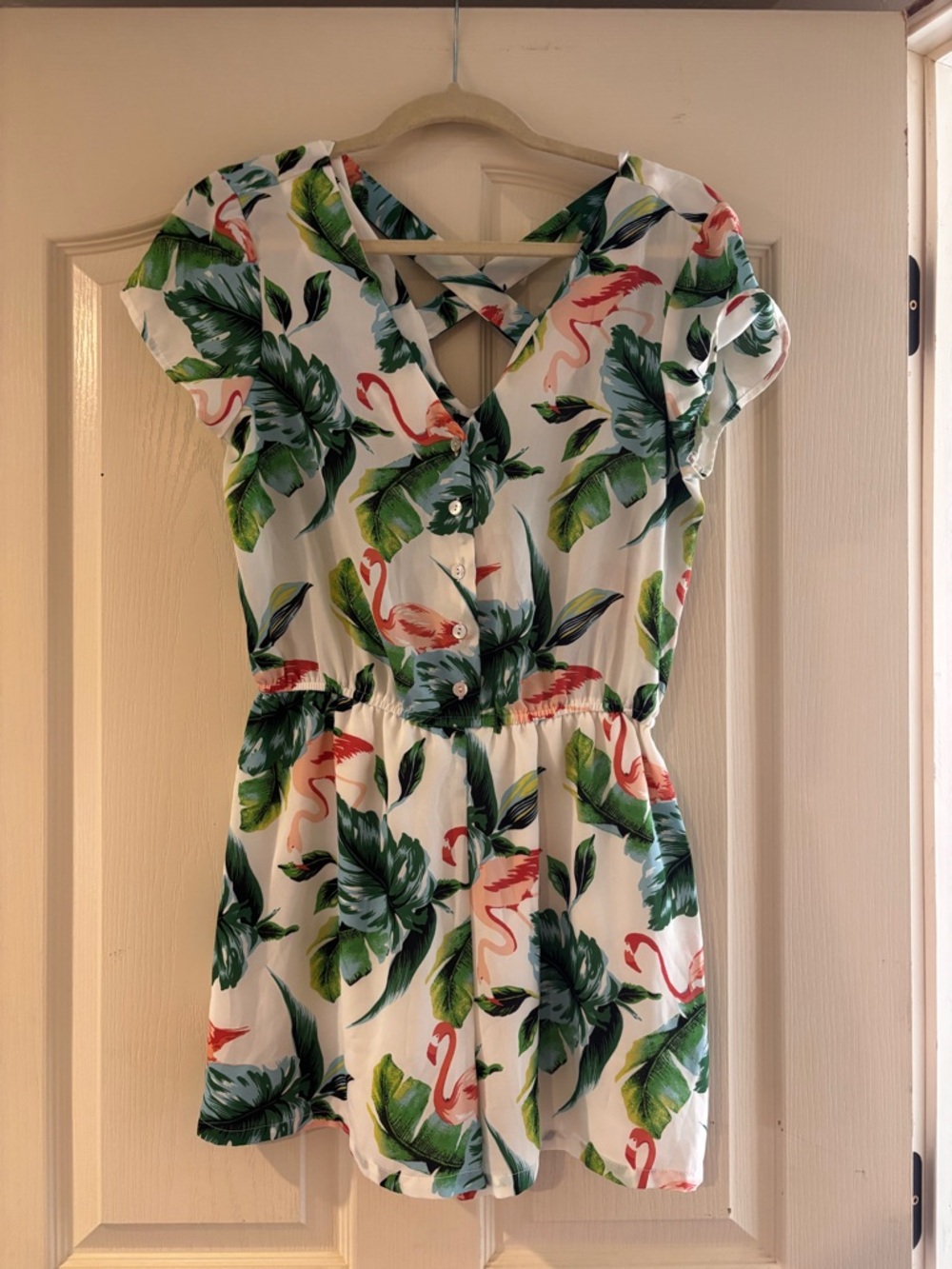 As U Wish Tropical Flamingo Print Dress - White, Green, Pink
